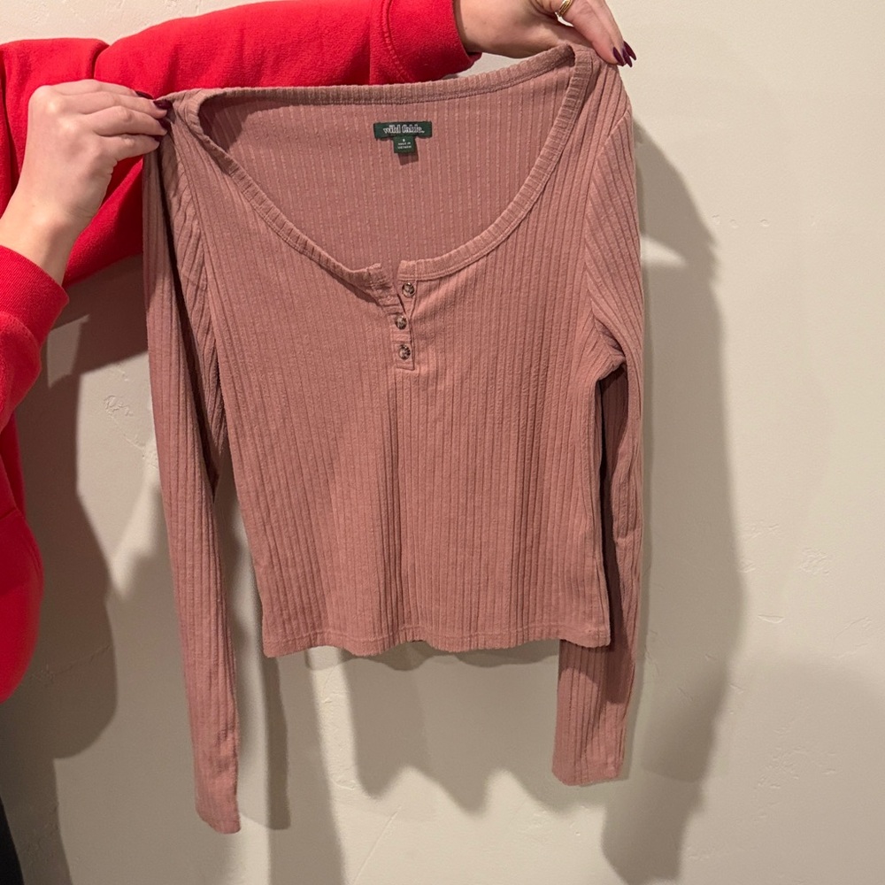 Wild Fable Women's Ribbed Henley Long Sleeve Top - mauve